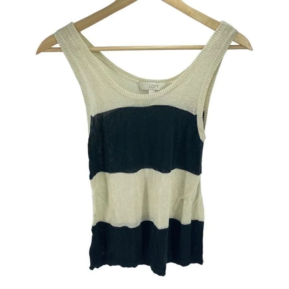 LOFT Women's Linen Blend Knit Stripe Tank Top Black and White Medium Petite
